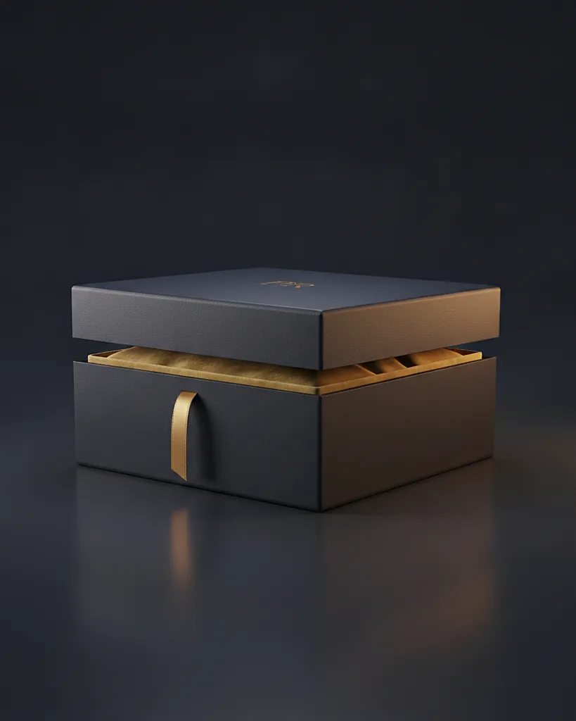 Custom PR box, E-flute corrugated, fitted insert, on a dark navy studio backdrop