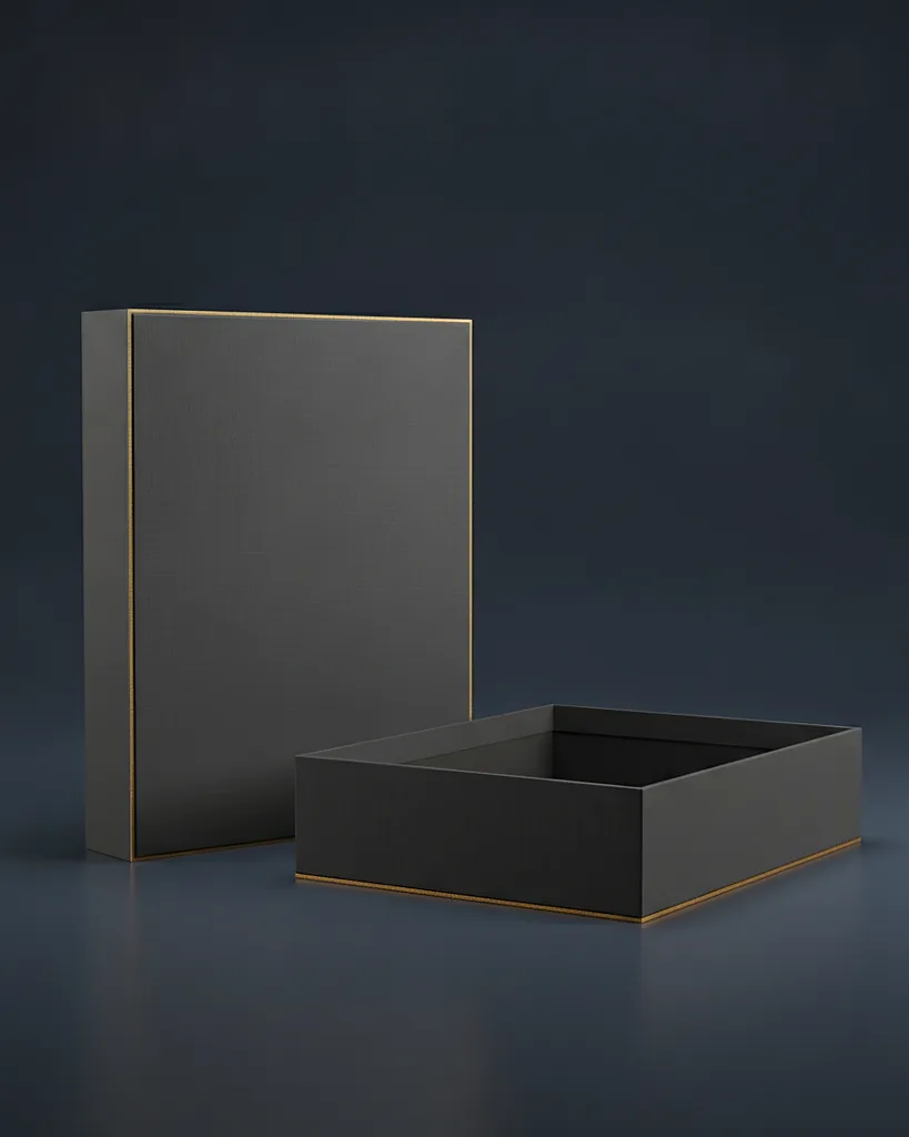 Custom tech and device box, 1200 gsm, foam insert, on a dark navy studio backdrop